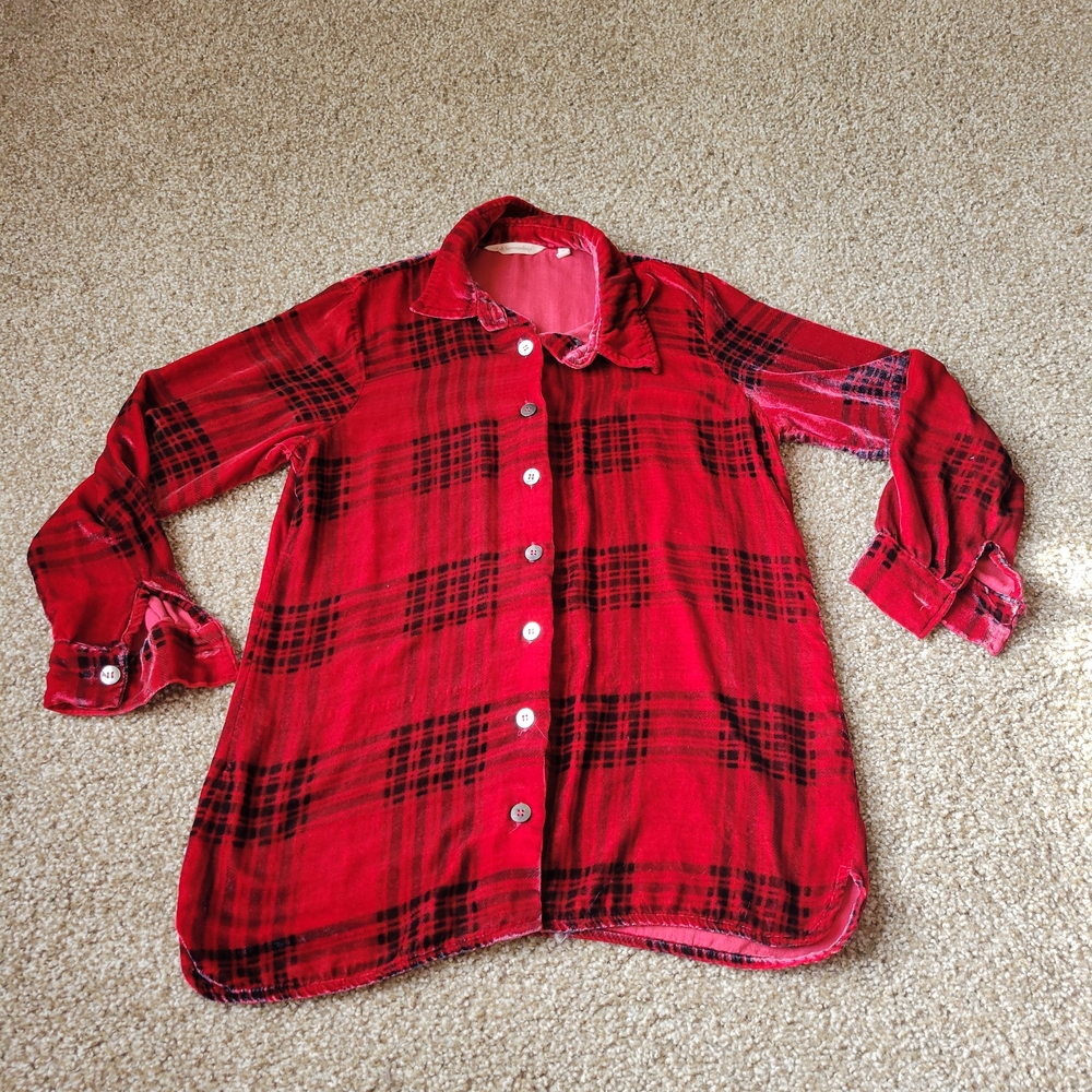 Soft Surroundings Women's Plaid Velvet Tunic Top Red Button-Up Size XS